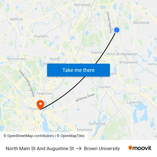 North Main St And Augustine St to Brown University map