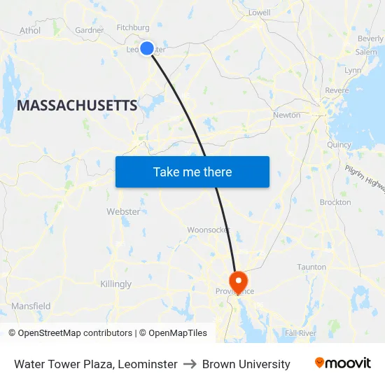 Water Tower Plaza, Leominster to Brown University map