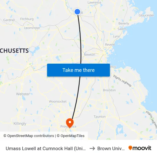 Umass Lowell at Cumnock Hall (University Ave) to Brown University map