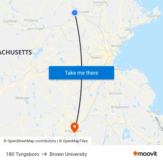 180 Tyngsboro to Brown University map