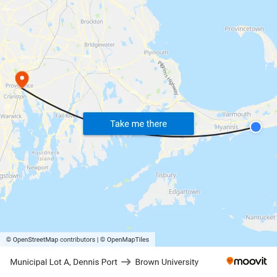 Municipal Lot A, Dennis Port to Brown University map