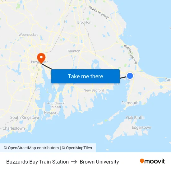 Buzzards Bay Train Station to Brown University map