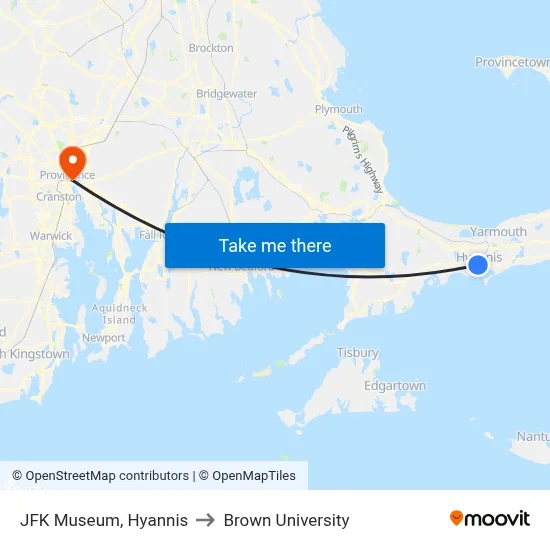 JFK Museum, Hyannis to Brown University map