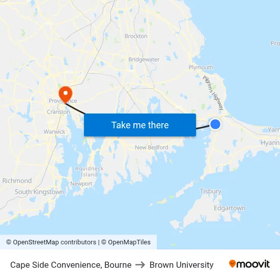 Cape Side Convenience, Bourne to Brown University map