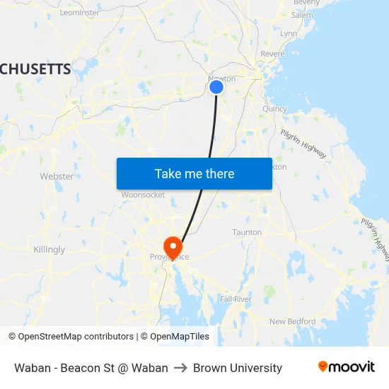 Waban - Beacon St @ Waban to Brown University map