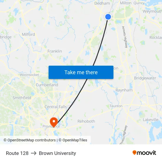 Route 128 to Brown University map