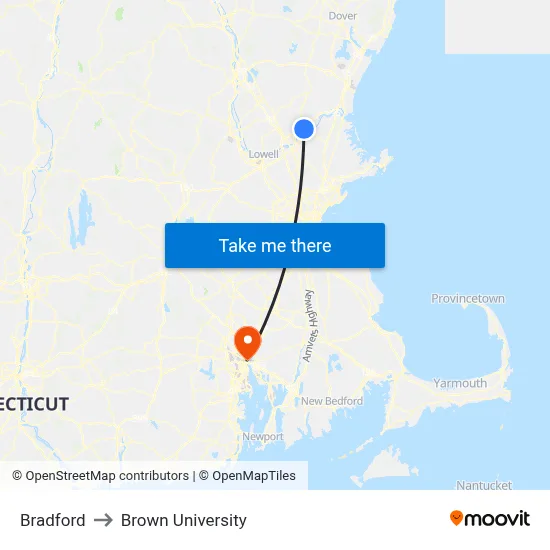 Bradford to Brown University map