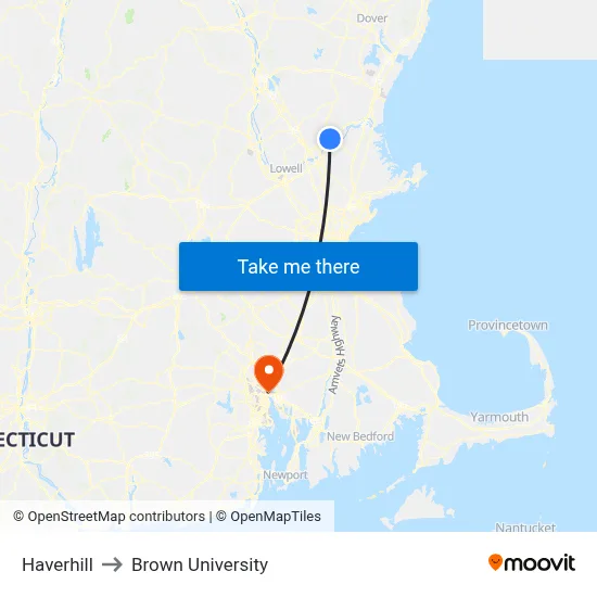 Haverhill to Brown University map