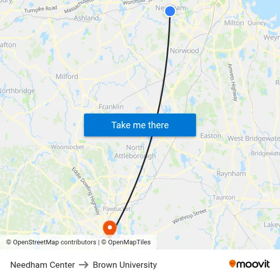 Needham Center to Brown University map