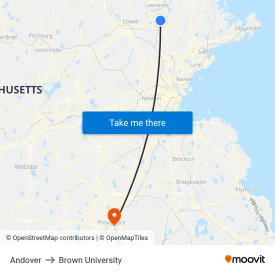 Andover to Brown University map
