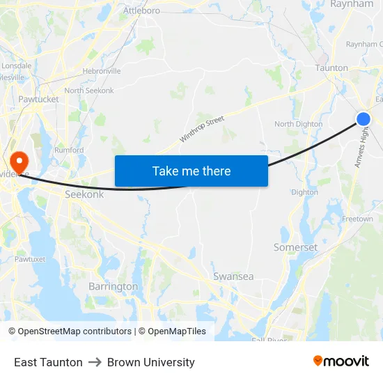 East Taunton to Brown University map