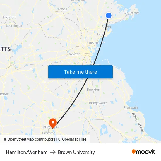 Hamilton/Wenham to Brown University map