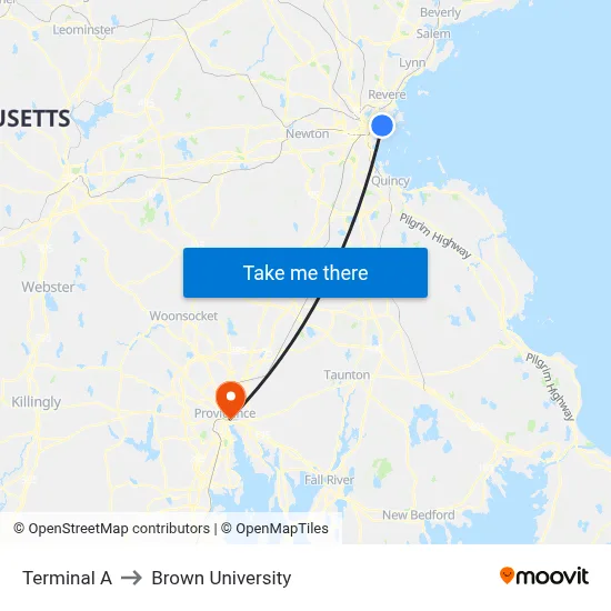 Terminal A to Brown University map