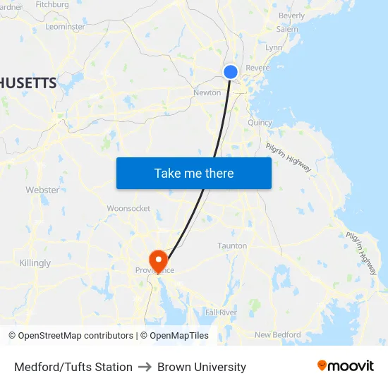 Medford/Tufts Station to Brown University map