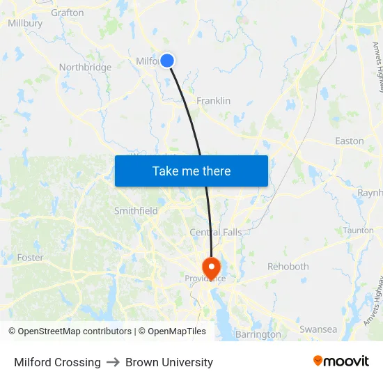 Milford Crossing to Brown University map