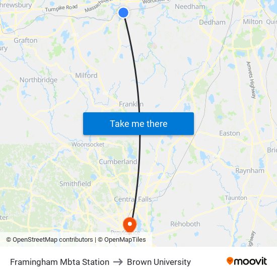 Framingham Mbta Station to Brown University map