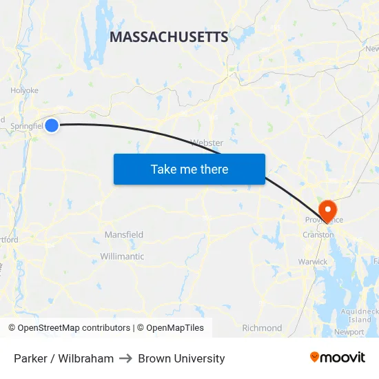 Parker / Wilbraham to Brown University map