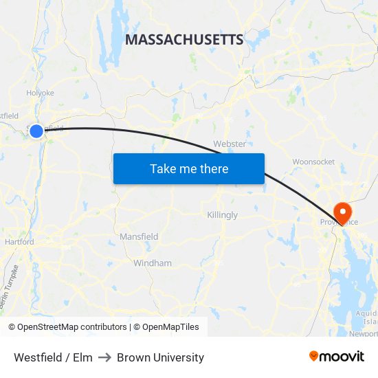 Westfield / Elm to Brown University map