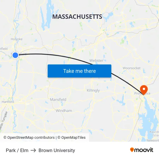 Park / Elm to Brown University map