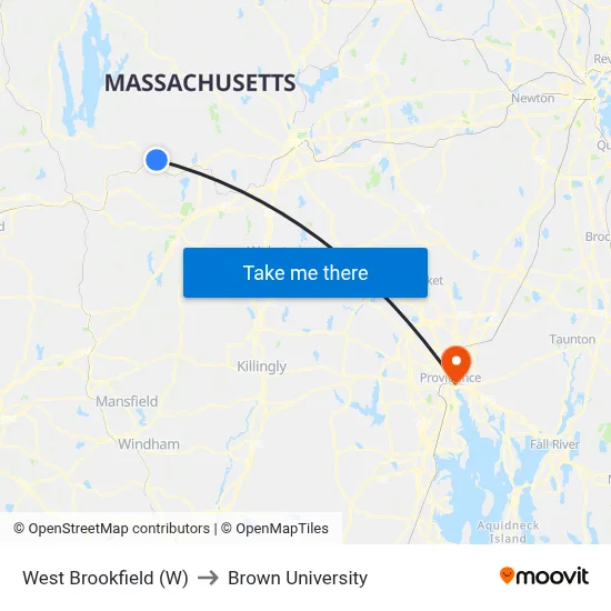 West Brookfield (W) to Brown University map