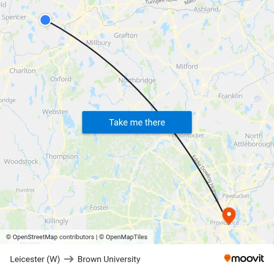 Leicester (W) to Brown University map