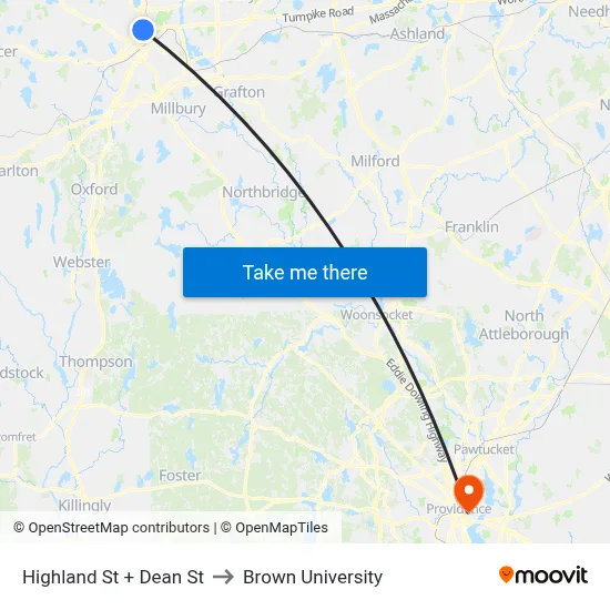 Highland St + Dean St to Brown University map