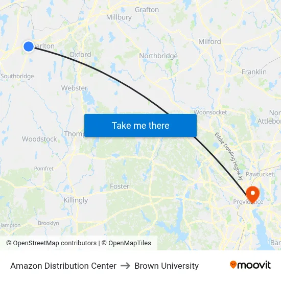 Amazon Distribution Center to Brown University map