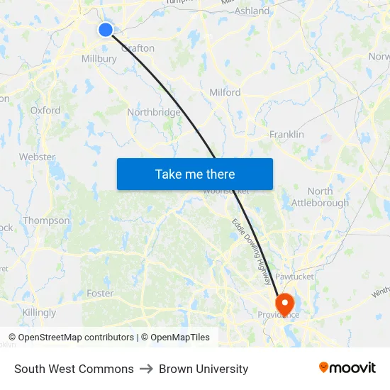 South West Commons to Brown University map