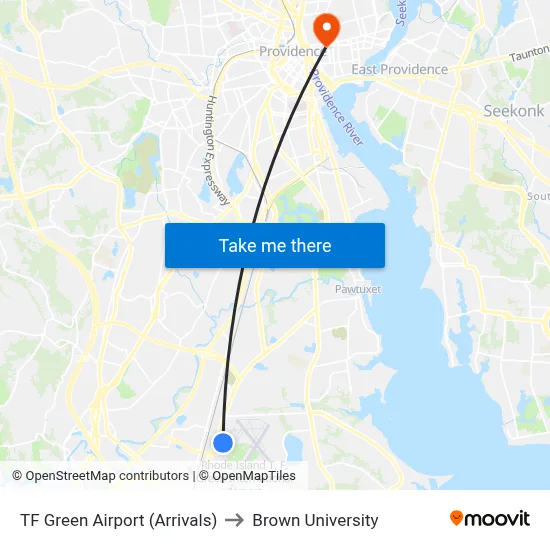 TF Green Airport (Arrivals) to Brown University map