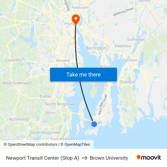 Newport Transit Center (Stop A) to Brown University map