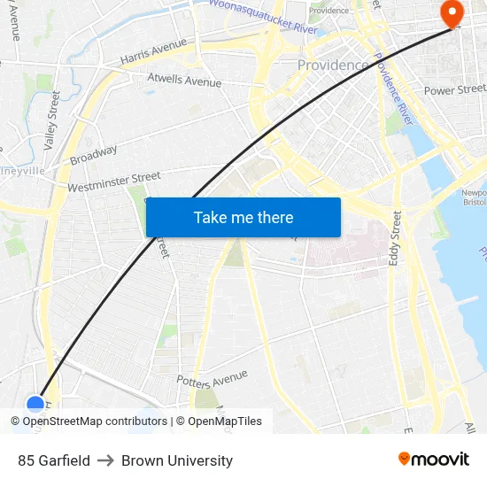 85 Garfield to Brown University map