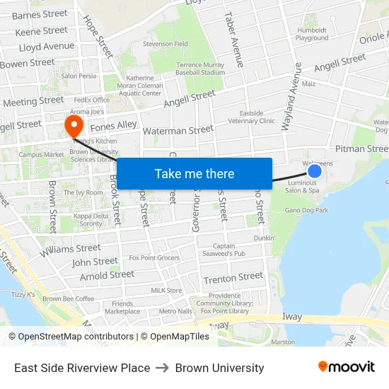 East Side Riverview Place to Brown University map