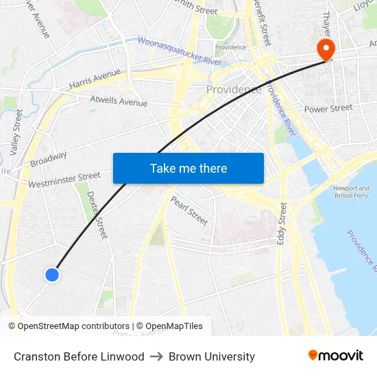 Cranston Before Linwood to Brown University map
