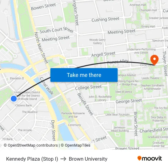 Kennedy Plaza (Stop I) to Brown University map
