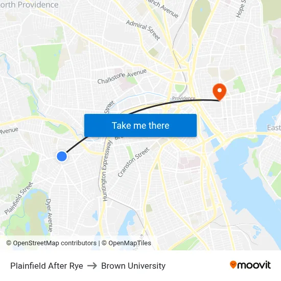 Plainfield After Rye to Brown University map