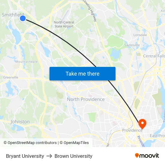 Bryant University to Brown University map