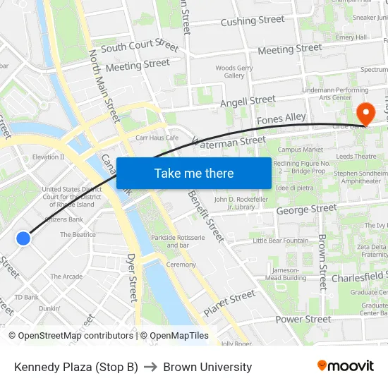 Kennedy Plaza (Stop B) to Brown University map
