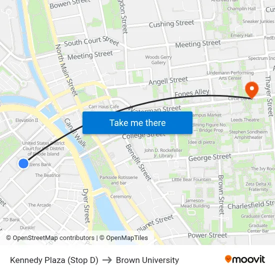 Kennedy Plaza (Stop D) to Brown University map