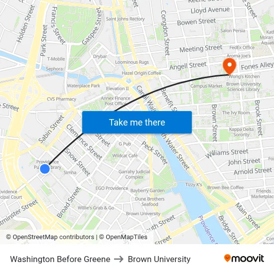 Washington Before Greene to Brown University map