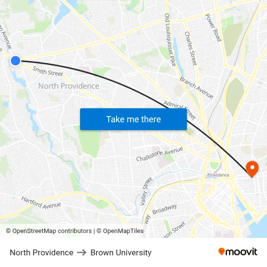 North Providence to Brown University map