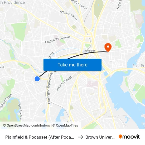 Plainfield & Pocasset (After Pocasset) to Brown University map