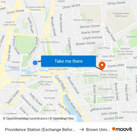 Providence Station (Exchange Before Park Row W) to Brown University map