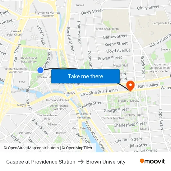 Gaspee at Providence Station to Brown University map
