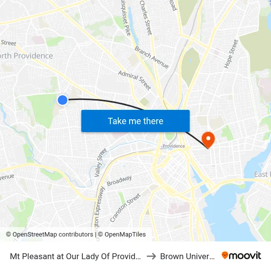 Mt Pleasant at Our Lady Of Providence to Brown University map