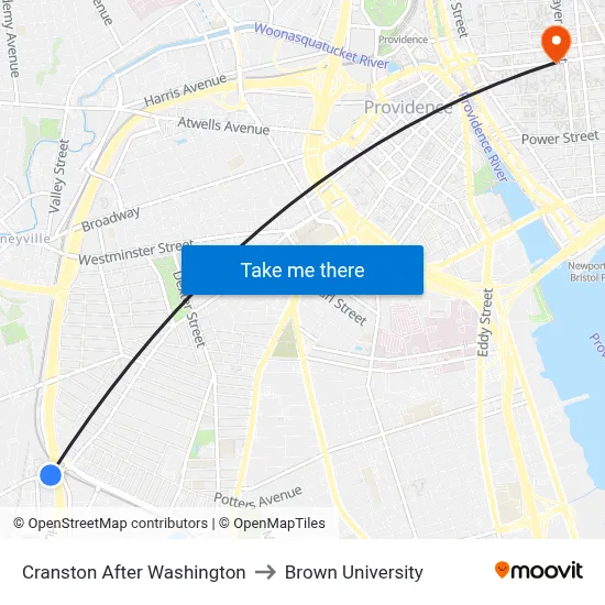 Cranston After Washington to Brown University map