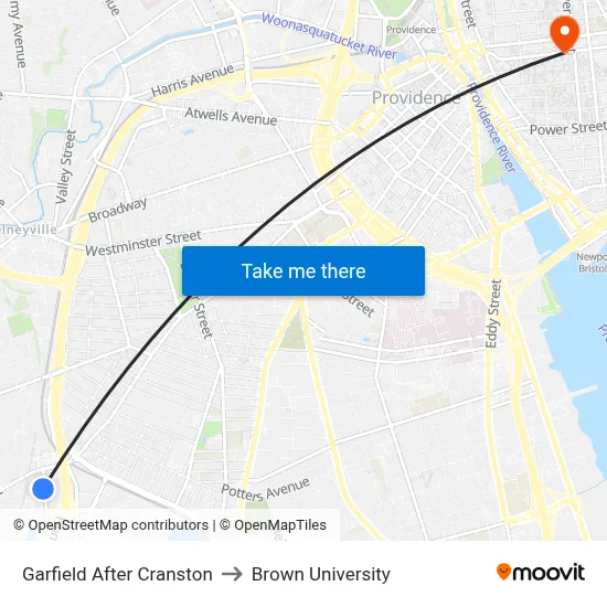 Garfield After Cranston to Brown University map