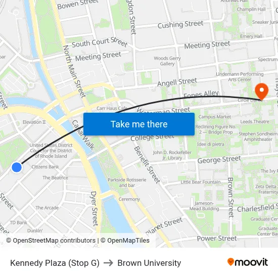 Kennedy Plaza (Stop G) to Brown University map