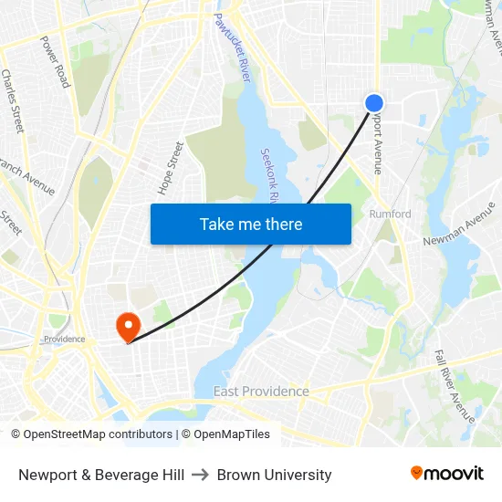 Newport & Beverage Hill to Brown University map