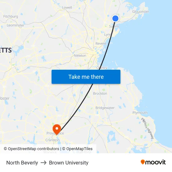 North Beverly to Brown University map