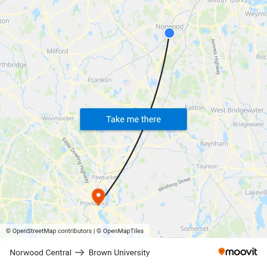 Norwood Central to Brown University map